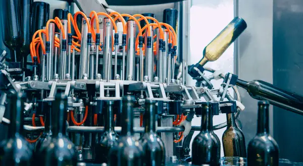 Macchine per la produzione vino: bottiglie in vetro in lavorazione su un nastro trasportatore, con tubi arancioni e componenti metallici.