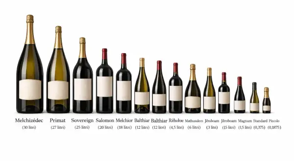 Bottiglie di vino di varie dimensioni, dal Melchizedec (30 litri) al Piccolo (0,1875 litri), con nomi biblici come Jeroboam e Mathusalem.