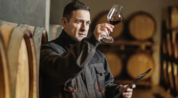 Uomo in cantina osserva il vino in un calice, con botti sullo sfondo. Il suo sguardo attento rivela il **taglio significato** del suo lavoro.