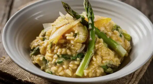 Risotto cremoso con asparagi freschi e scaglie di parmigiano. Un perfetto abbinamento asparagi per un piatto primaverile.