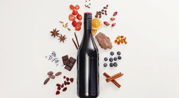 Bottiglia di vino rosso con ingredienti: fragole, arancia, mirtilli, cioccolato, cannella, anice stellato, caffè, bacche di ginepro e scorza d'albero, che suggeriscono note di tannino gallico.