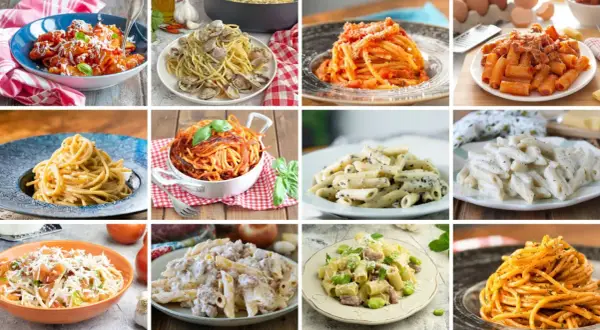 Collage di dodici piatti di pasta asciutta: spaghetti, penne e rigatoni con vari sughi, dalle vongole al pomodoro, alla crema.