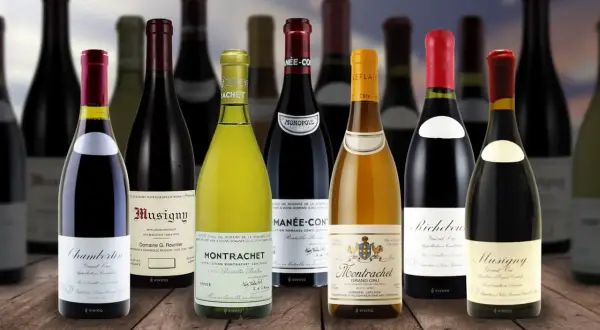 Bottiglie di vino pregiato, tra cui Montrachet e Musigny, che rappresentano i 10 vini più costosi italiani.