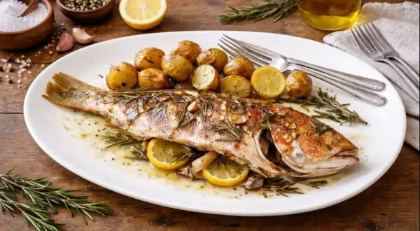 Un succulento dentice pesce intero al forno, servito con patate novelle, limone e rosmarino su un piatto bianco.