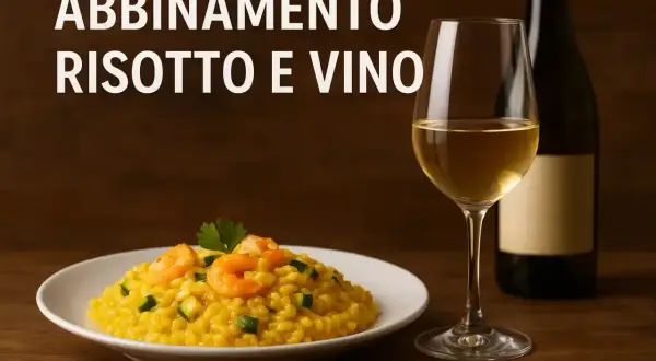 Risotto giallo con gamberi e zucchine, accompagnato da un calice di vino bianco e una bottiglia. L'abbinamento perfetto per il tuo risotto.