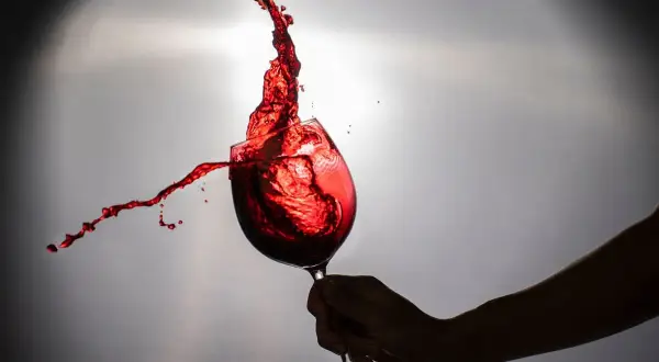 Un bicchiere di negramaro vino rosso in movimento, con schizzi vibranti che danzano nell'aria.