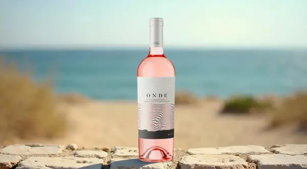 Bottiglia di Negroamaro Rosato "Onde" su muretto di pietra, con mare e spiaggia sullo sfondo. Perfetto per abbinamenti estivi.