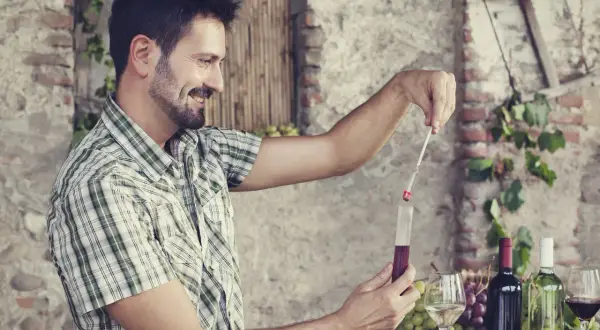 Uomo sorridente misura l'acidità totale del vino rosso con un densimetro. Sullo sfondo, bottiglie di vino e grappoli d'uva.