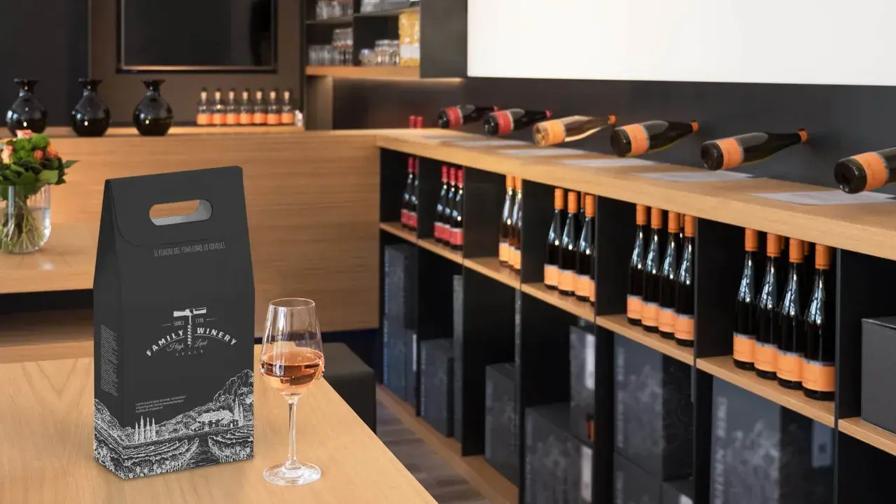 Una confezione regalo per una bottiglia di vino, con un calice di vino rosato in primo piano. Perfetto per sapere come regalare una bottiglia di vino.