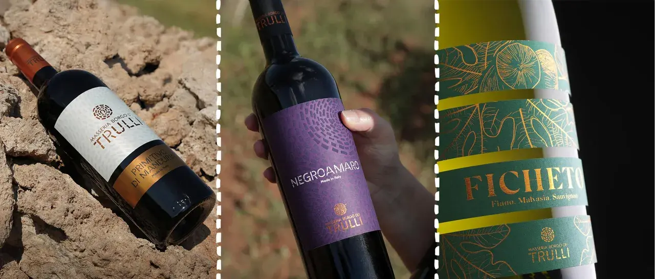Bottiglie di vino pugliese: Primitivo, Negroamaro e Ficheto. Un viaggio sensoriale tra i sapori autentici della Puglia.