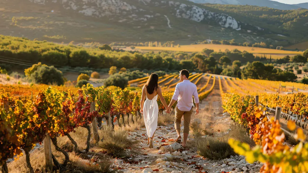 Coppia mano nella mano passeggia tra i colorati vitigni italiani al tramonto, con colline sullo sfondo.