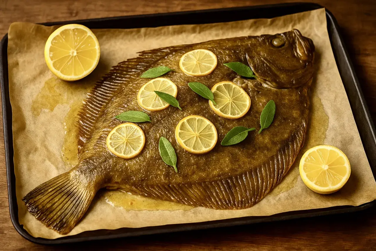 Rombo pesce intero al forno, guarnito con fette di limone e foglie verdi, su carta da forno.