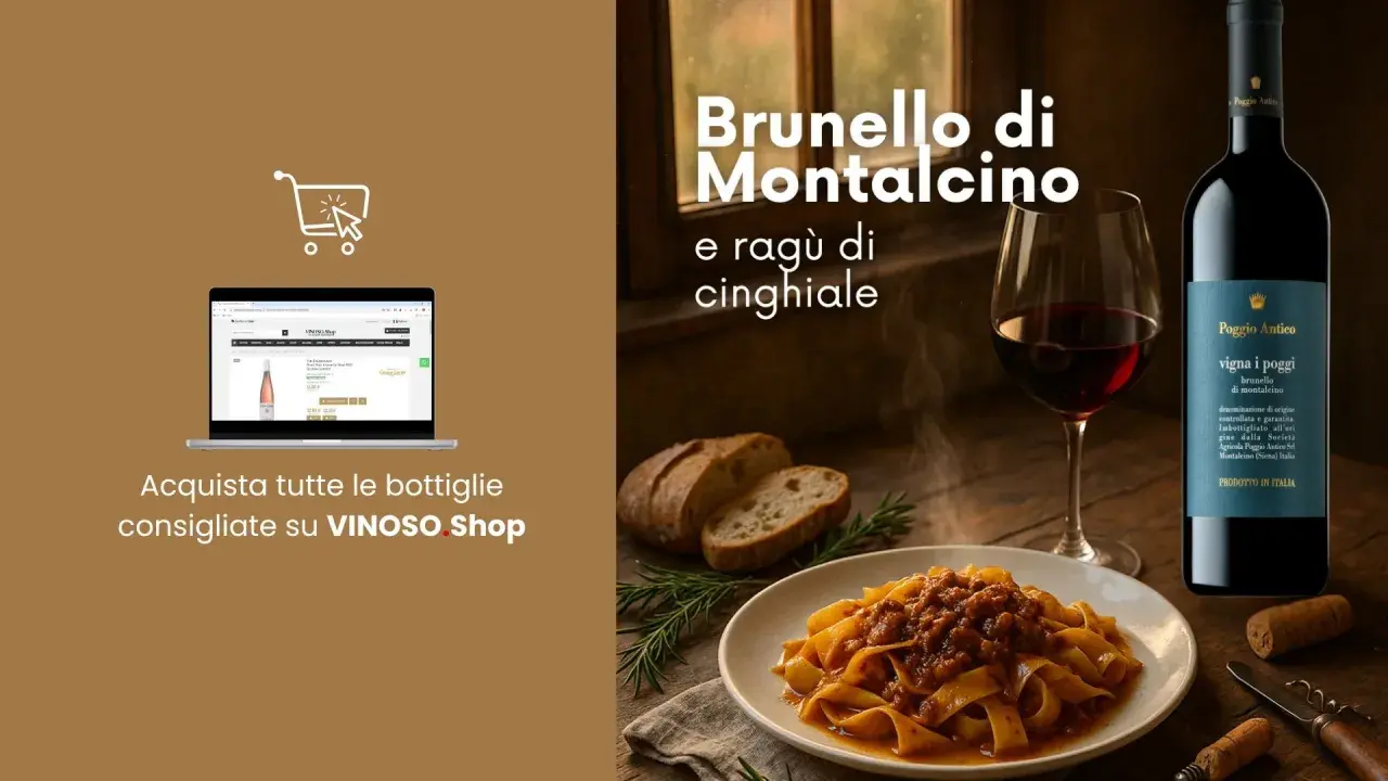Un bicchiere di Brunello di Montalcino, un piatto di pasta al ragù di cinghiale e una bottiglia di vini italiani. Perfetto per una cena.