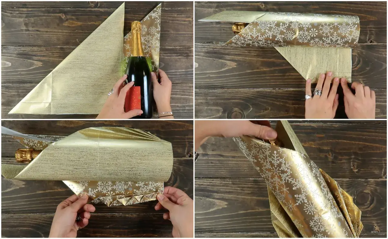 Passaggi per come incartare una bottiglia di vino con carta dorata e fiocchi di neve. La bottiglia viene avvolta e piegata con cura.