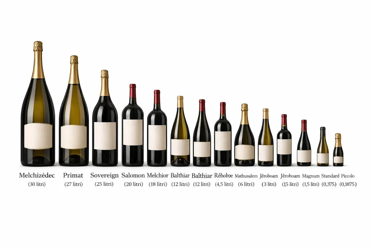 Bottiglie di vino di varie dimensioni, dal Melchizedec (30 litri) al Piccolo (0,1875 litri), con nomi biblici come Jeroboam e Mathusalem.