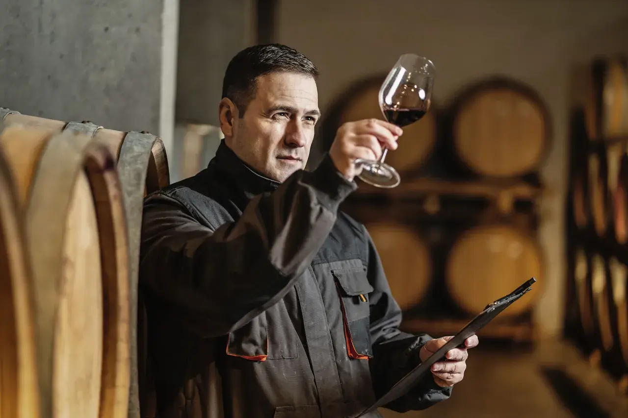 Uomo in cantina osserva il vino in un calice, con botti sullo sfondo. Il suo sguardo attento rivela il **taglio significato** del suo lavoro.