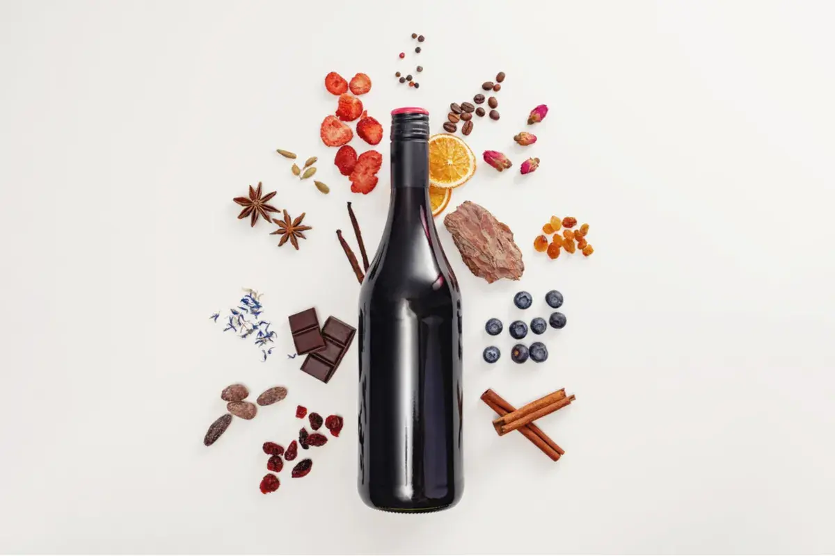Bottiglia di vino rosso con ingredienti: fragole, arancia, mirtilli, cioccolato, cannella, anice stellato, caffè, bacche di ginepro e scorza d'albero, che suggeriscono note di tannino gallico.