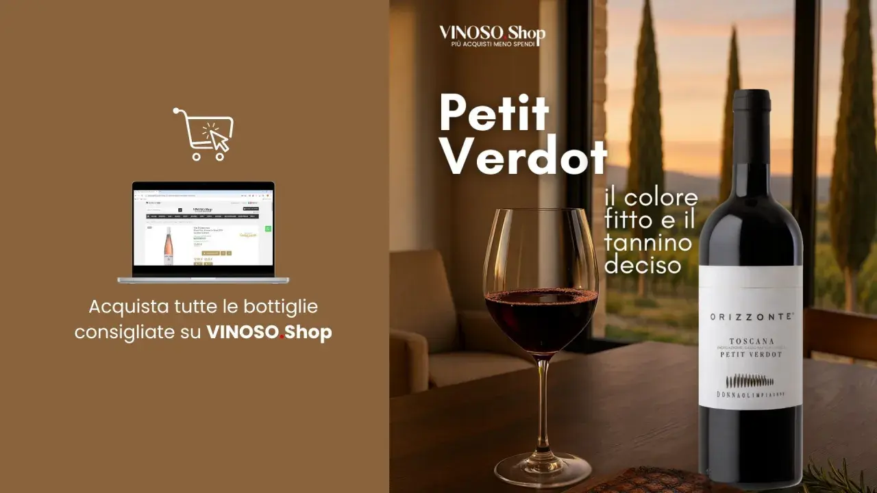 Bottiglia di Petit Verdot Orizzonte, con un bicchiere di vino rosso e un paesaggio toscano. Non una bottiglia jeroboam, ma un'ottima scelta per gli amanti del vino.
