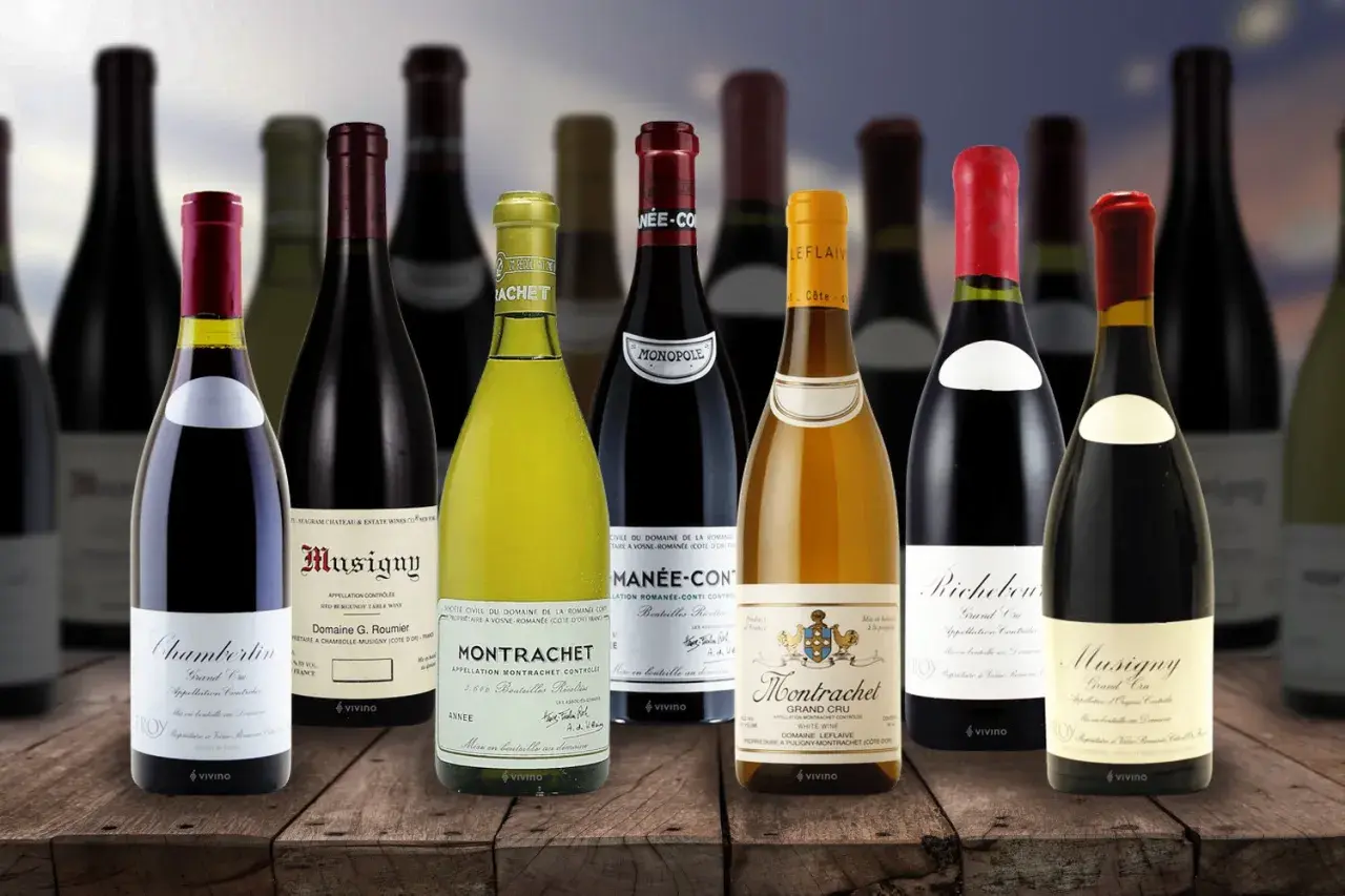 Bottiglie di vino pregiato, tra cui Montrachet e Musigny, che rappresentano i 10 vini più costosi italiani.