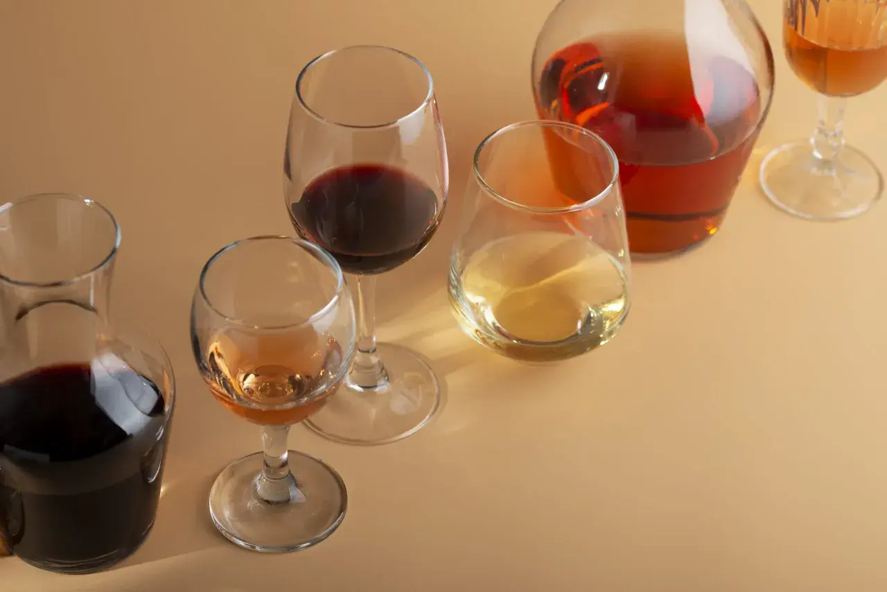 Calici di vino rosso, bianco e rosato, pronti per degustare il sapore di vino.