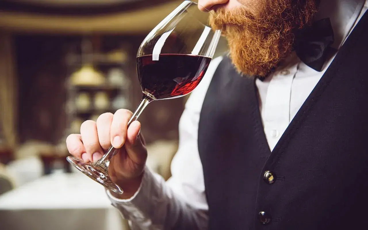 Uomo con barba assapora vino rosso, esplorando i diversi tipi di uve da vino rosso.