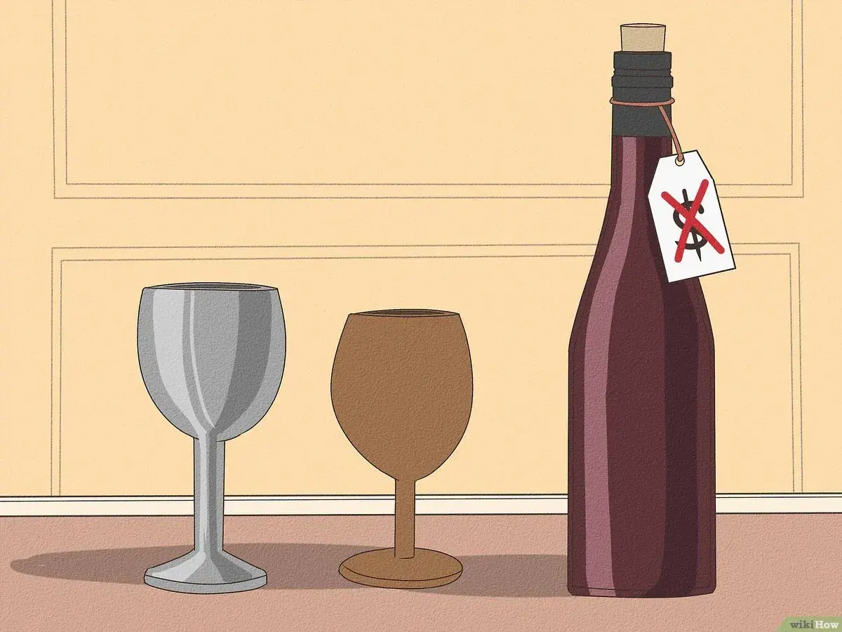 Due bicchieri e una bottiglia di vino con un'etichetta "prezzo barrato". Impara come fare il vino in casa senza spendere una fortuna.