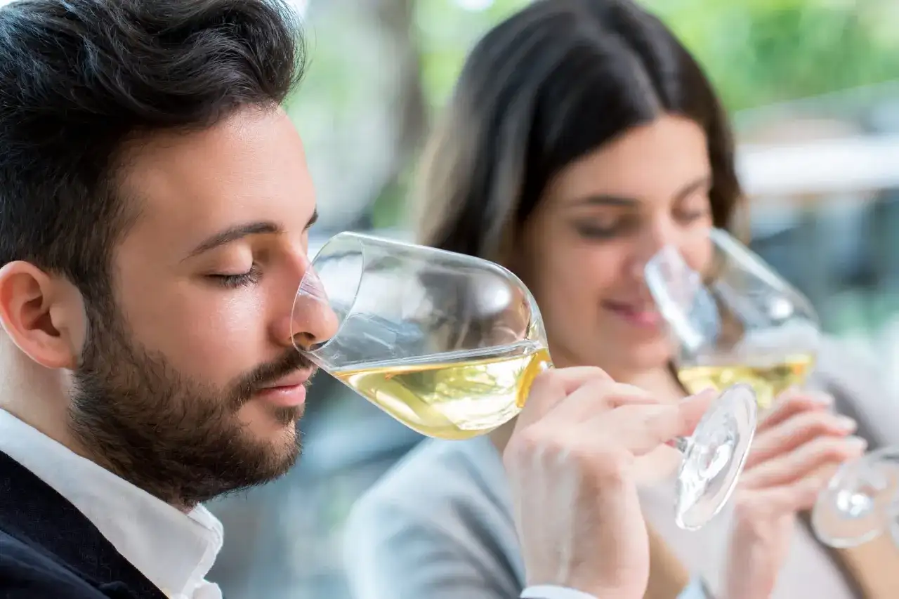 Coppia in una degustazione vino, annusano attentamente il nettare dorato nei calici.