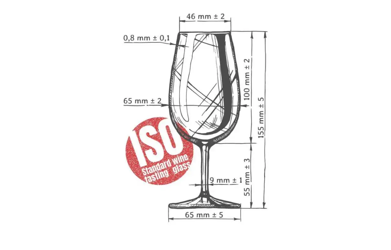 Disegno tecnico di un calice di vino ISO, con misure precise per definirne le dimensioni e la capacit&agrave;.