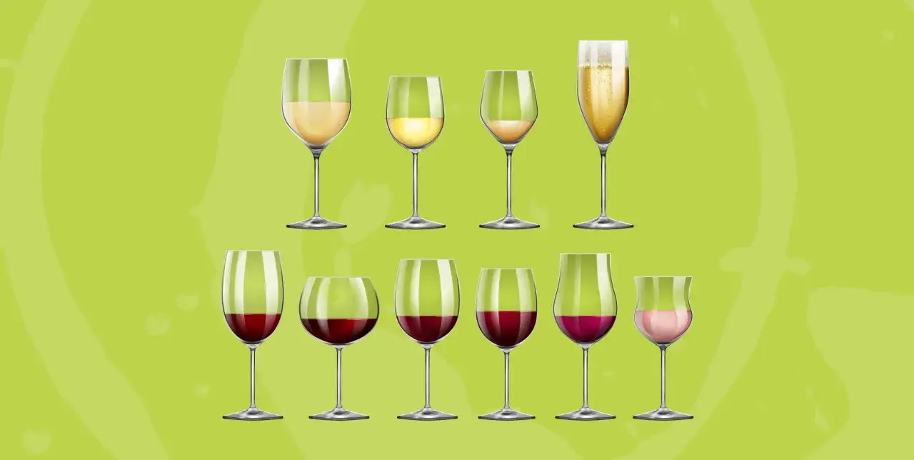 Diversi bicchieri di vino, bianchi e rossi, mostrano la temperatura ideale per ogni tipo di vino.