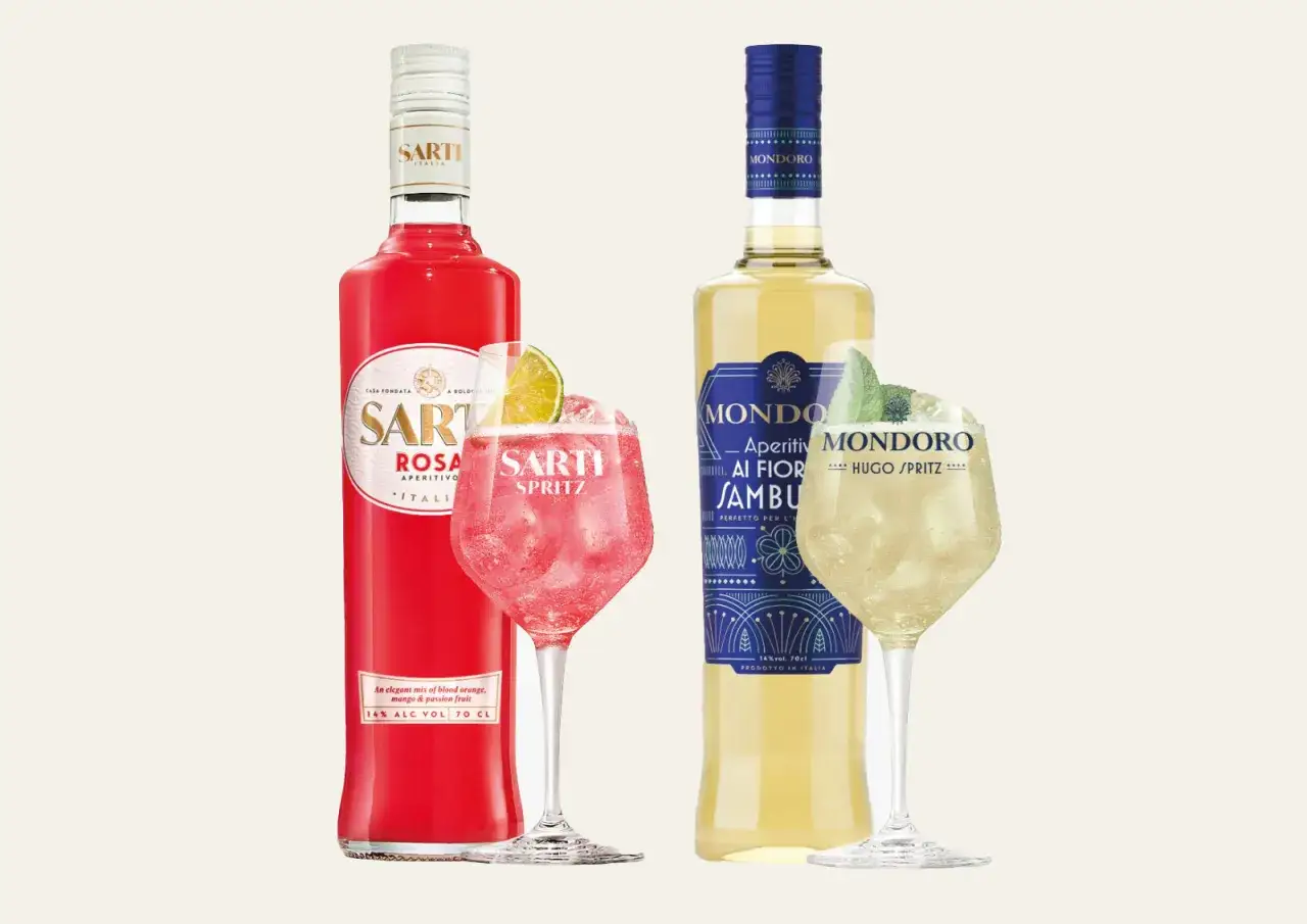 Sarti Rosa Spritz e Mondoro Hugo Spritz, perfetti per la tua ricetta di spritz estivo.