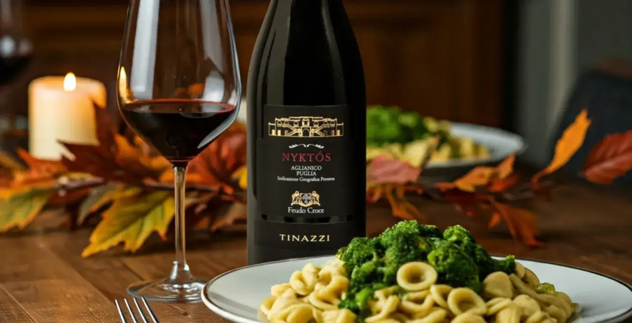 Un bicchiere di Aglianico e un piatto di orecchiette con broccoli: perfetti aglianico abbinamenti per una cena autunnale.