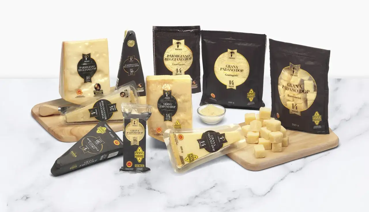 Varietà di formaggi stagionati, tra cui Parmigiano Reggiano e Grana Padano DOP, in diverse stagionature e formati, pronti per essere gustati.