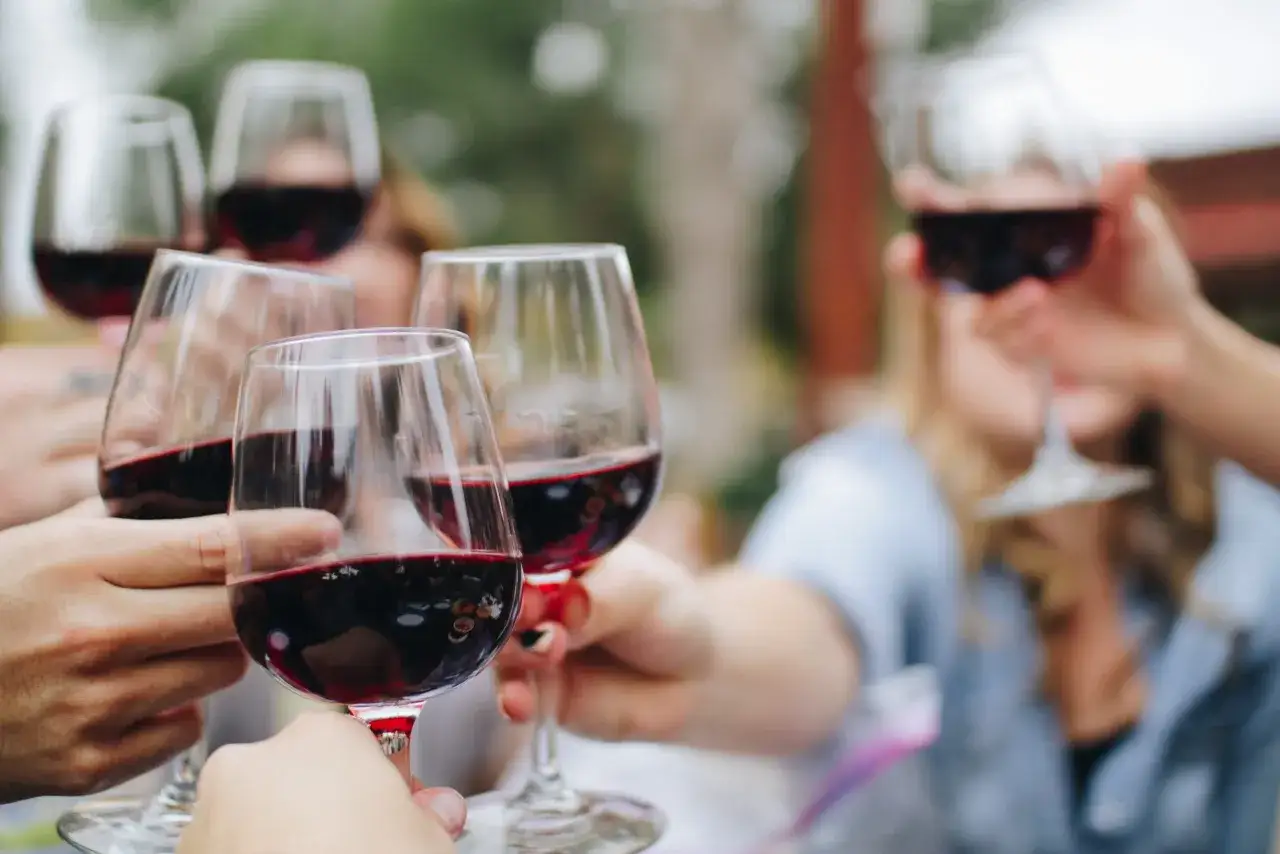 Brindisi con calici di vino rosso, un momento di gioia e condivisione. Cin cin!