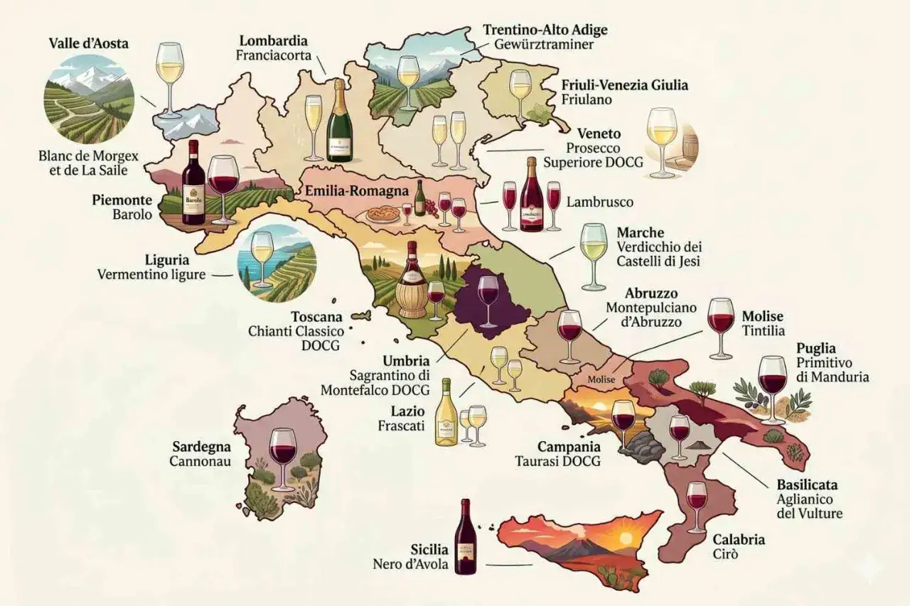 Mappa dei vini italiani: l'Abruzzo è la terra del Montepulciano d'Abruzzo, un rosso corposo.