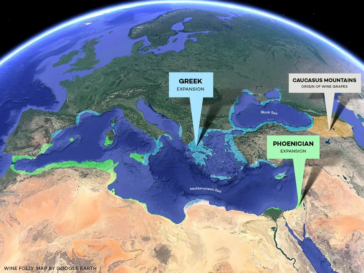 Mappa della Terra che mostra dove &egrave; nato il vino: Monti del Caucaso, espansione greca e fenicia nel Mediterraneo.