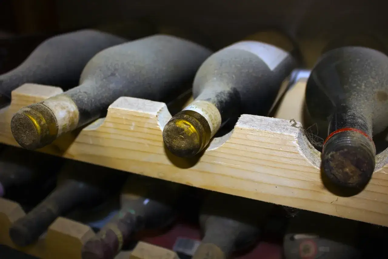 Bottiglie di vino impolverate in cantina, con la corretta inclinazione per la conservazione.