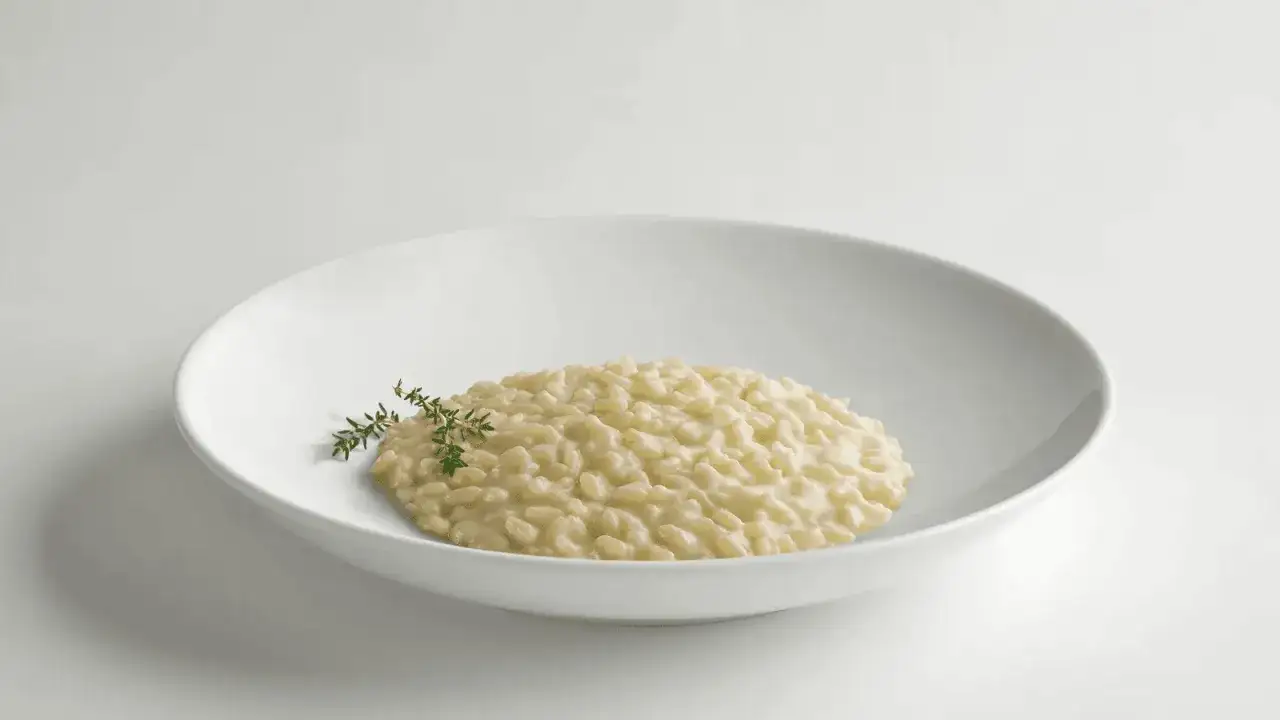 Risotto cremoso servito in una ciotola bianca, guarnito con un rametto di timo. Perfetto con un buon vino per risotto.
