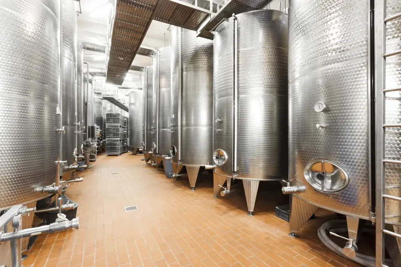 Grandi serbatoi in acciaio inossidabile in una cantina, pronti per la fermentazione o l'affinamento sur lie.