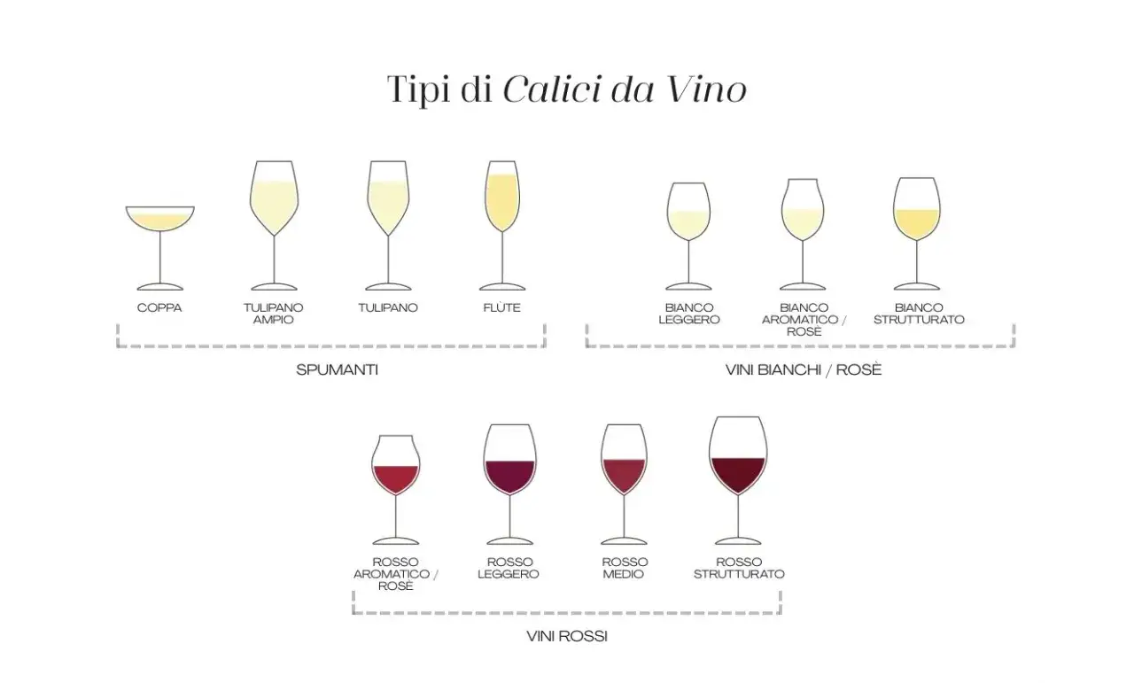 Illustrazione di una verticale di vini, con calici diversi per spumanti, bianchi e rossi, ognuno etichettato.
