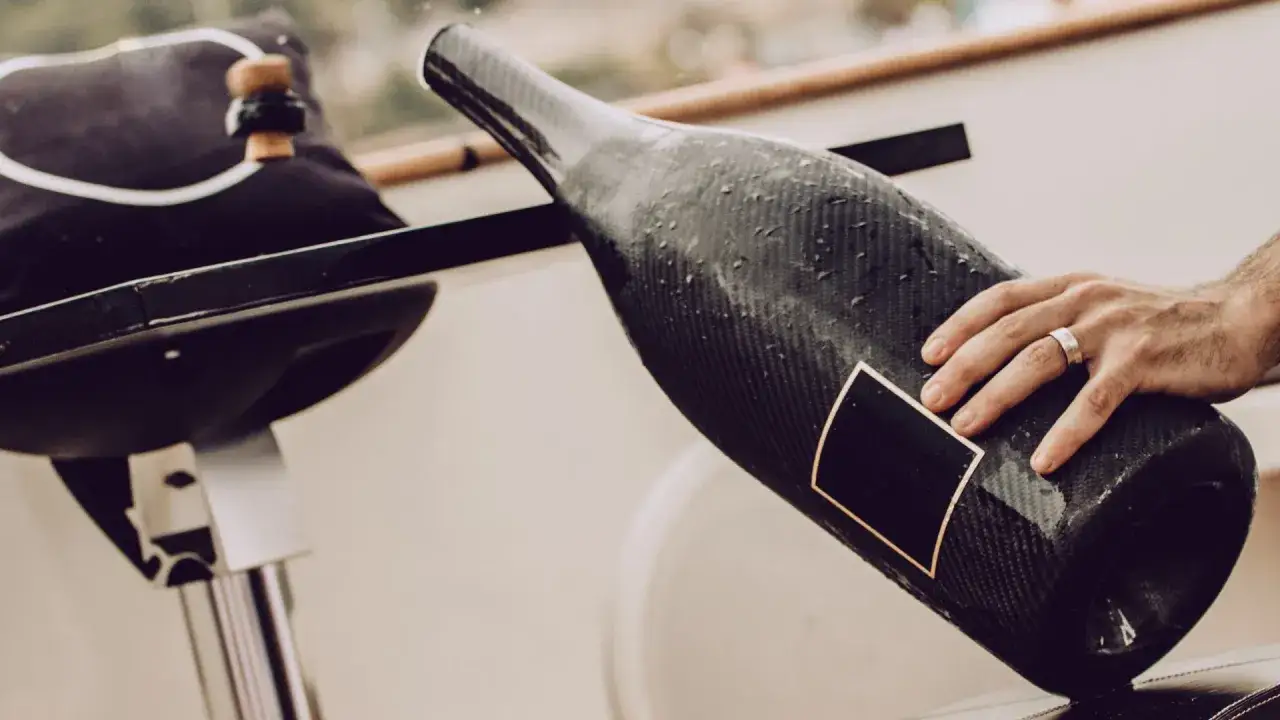Una mano con un anello tocca una bottiglia di champagne in fibra di carbonio, grande come un jeroboam o mathusalem, pronta per essere stappata.