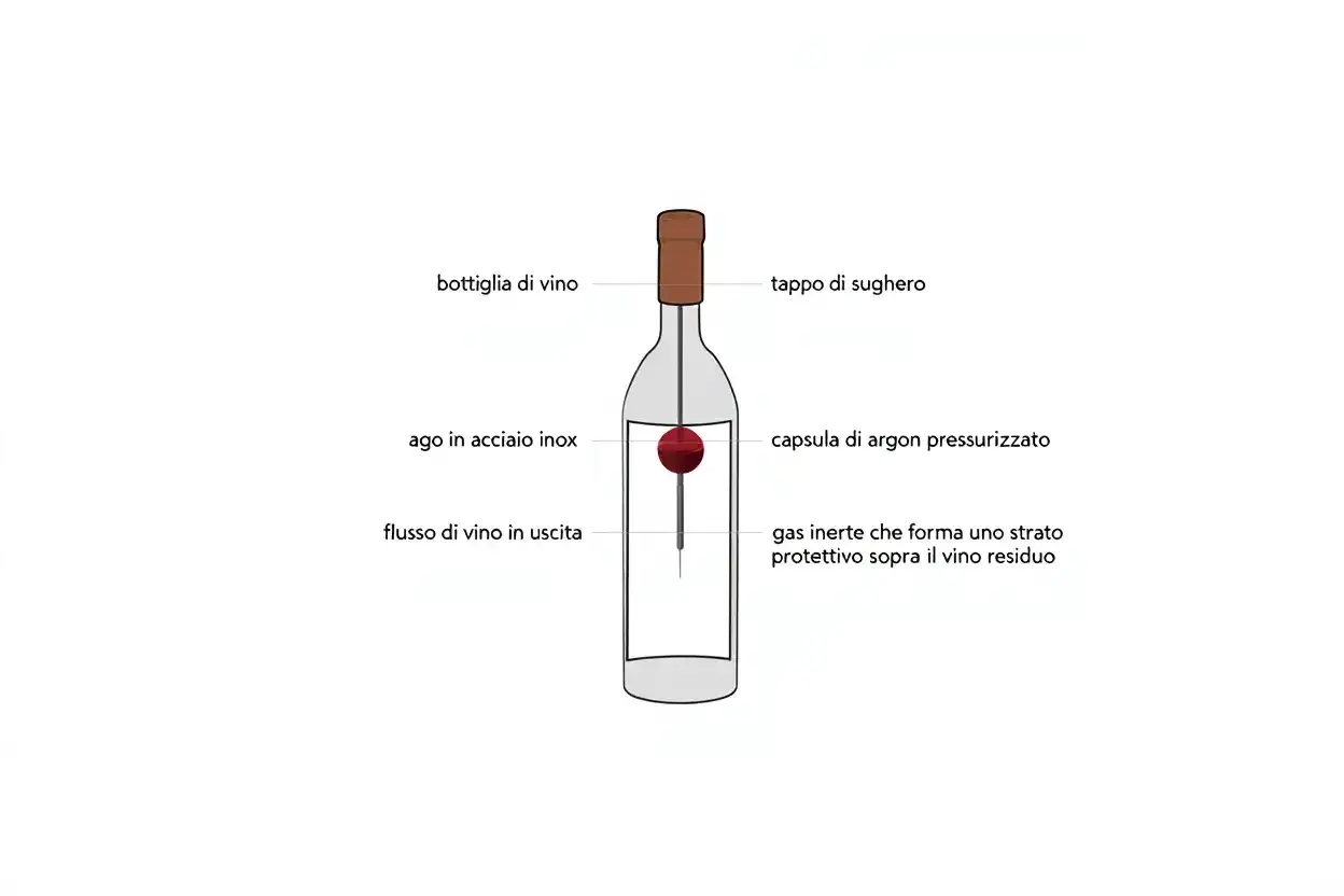 Schema di una bottiglia di vino con tappo di sughero, ago in acciaio inox, capsula di argon pressurizzato e gas inerte che forma uno strato protettivo.