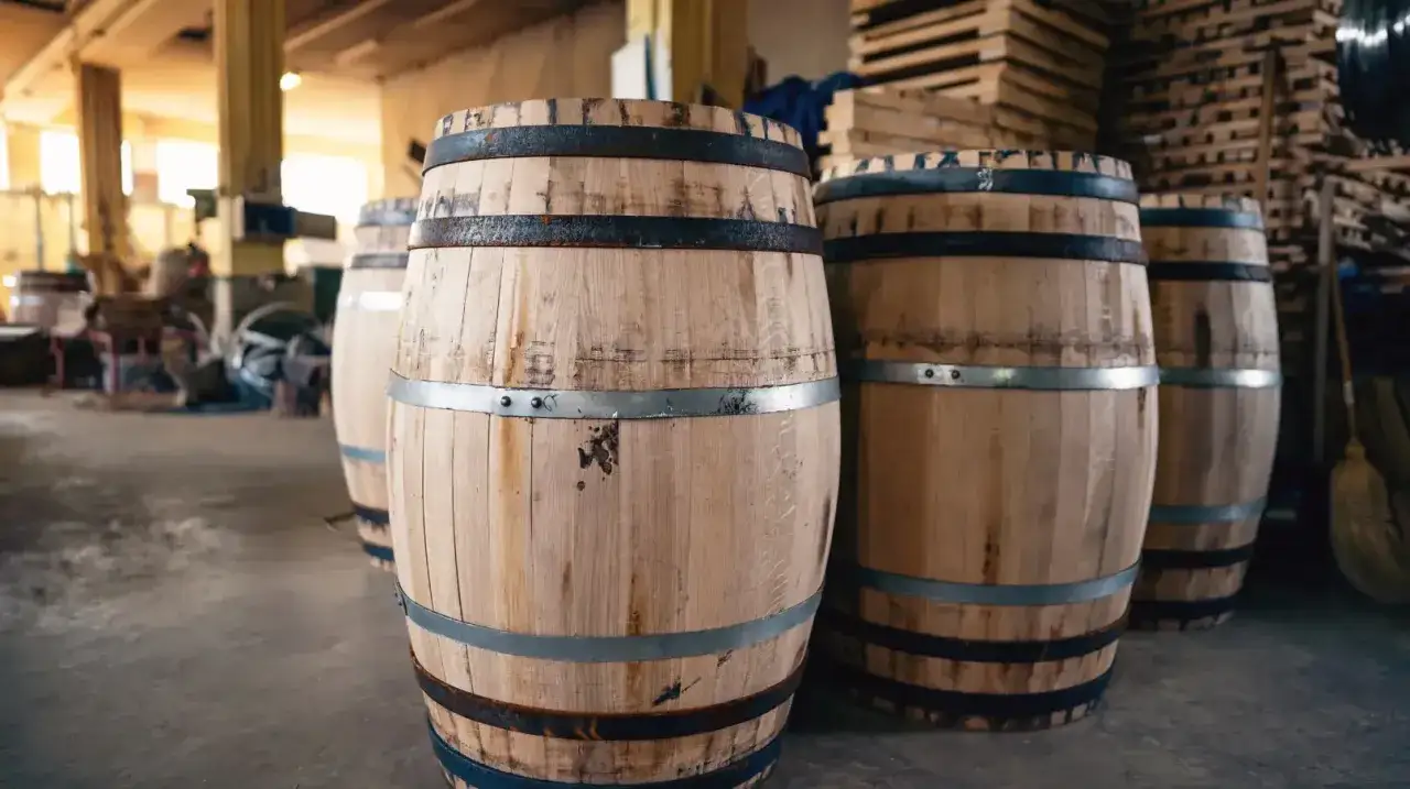 Botti di legno in un magazzino, pronte per contenere vino o distillati. Il legno di rovere, ricco di tannino gallico, conferirà aromi unici.