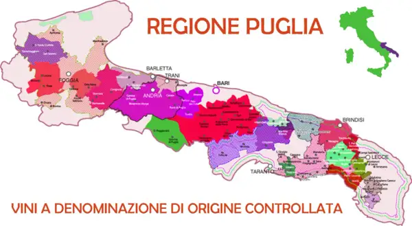 Mappa della Puglia con aree colorate che indicano zone di produzione di vino rosso puglia, con città e denominazioni.