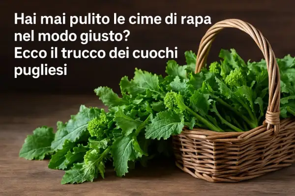 Cesto di vimini pieno di fresche cime di rapa, pronte per essere cucinate secondo il segreto dei cuochi pugliesi.