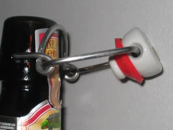 La bottiglia che si stappa da sola, con il suo tappo a scatto in ceramica bianca e rossa, evoca un senso di attesa e liberazione.