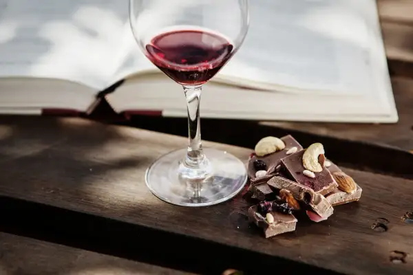 Un bicchiere di vino rosso e cioccolato con frutta secca e noci, un perfetto abbinamento vino e cioccolato, accanto a un libro aperto.