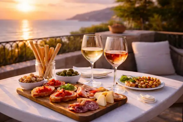 Aperitivo al tramonto con bruschette, salumi, formaggi, olive e due calici di vini rossi italiani, con il mare sullo sfondo.