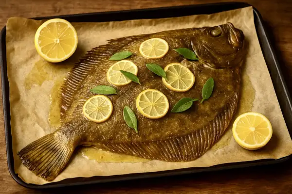 Rombo pesce intero al forno, guarnito con fette di limone e foglie verdi, su carta da forno.