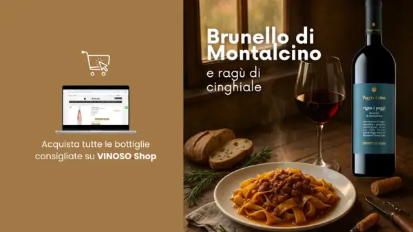 Un bicchiere di Brunello di Montalcino, un piatto di pasta al ragù di cinghiale e una bottiglia di vini italiani. Perfetto per una cena.