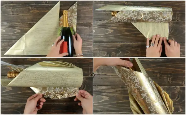 Passaggi per come incartare una bottiglia di vino con carta dorata e fiocchi di neve. La bottiglia viene avvolta e piegata con cura.